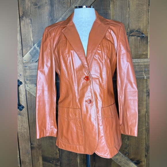 Vintage Burnt Orange Montgomery Ward The Tannery Leather Blazer Jacket Size 16 T - Picture 1 of 10